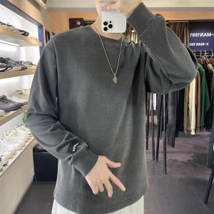 เสื้อยืดผู้ชายแขนยาวทรงหลวมสไตล์ฤดูหนาวแบบสองด้าน เสื้อชั้นในแบบหนาและอบอุ่น ทรงเข้ารูป คอกลม สีพื้น แฟชั่นเสื้อผ้าทำงาน