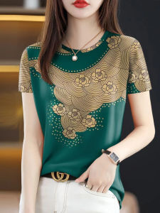 Áo Thun Nữ Tay Ngắn in Họa Tiết Ice Silk Mùa Hè 2025 Phong Cách Mới Giảm Tuổi Tác Che Bụng Thời Trang Thường Ngày