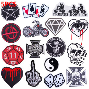 Prajna 5PCS Wholesale Skull Patch Iron-On Patches For Clothing Stripes Punk Embroidered Patches On Clothes DIY Clothes Stickers