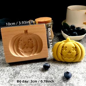 Khuôn Làm Bánh Quy Gỗ Halloween 3D Chạm Khắc Nổi Khuôn Nướng Bánh Gừng Hình Bí Ngô Đầu Lâu Ma Phù Thủy Đèn Jack OLantern