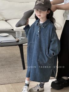 Girls Vintage Long Sleeve Denim Dress Collared Baby Outfit Autumn New Style Korean Version Spring Autumn Seasonal Childrens Clothing