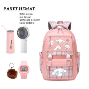 Tas sekolah anak perempuan remaja CINNAMOROLL gratis jam tangan botol minum kipas angin mini dan gantungan pompom tas sekolah SD SMP tas ransel