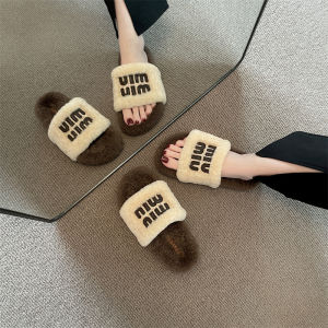 รองเท้าแตะผู้หญิง ส้นแบน แฟชั่นเกาหลี รองเท้าแตะขนแกะ ฤดูใบไม้ร่วง/ฤดูหนาว รองเท้าแตะหนา พื้นยาง สวมใส่สบาย สำหรับผู้หญิง