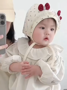 Sweet Lace Cherry Bow Baby Ear Protection Cap Soft Cotton Flower Red Infant Girl Lacing Caps Spring Autumn Newborn Hat