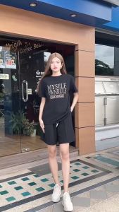 ชุดเซ็ตผู้หญิงเสื้อยืด + กางเกงขาสั้น สีพาสเทล น่ารักสดใส พิมพ์ตัวอักษร ระบายอากาศดี ไม่ร้อน ใส่สบาย  รุ่น TZ5015