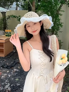Nón đan cói nhân tạo mềm viền ren phối hạt gỗ sắc màu style tiểu thư xinh cho nàng du lịch sống ảo mũ cói vintage