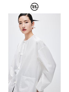 EE New Chinese Style Cotton Button up White Shirt Womens Long Sleeve round Neck Spring Autumn Outerwear Casual Loose Fit