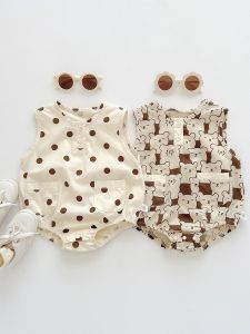 Adorable Baby Vest Bottom Cover Clothes Newborn Summer Outfit Sleeveless Bear Romper Boys Girls Plaid Onesie Cotton Blend Fabric