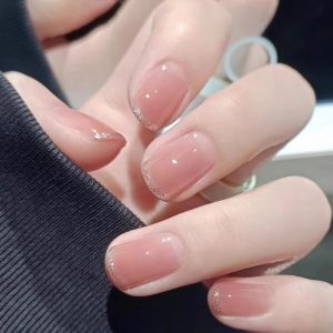 GANGHOU | Children Pink French Nail Art With Butterfly Design Detachable Nails