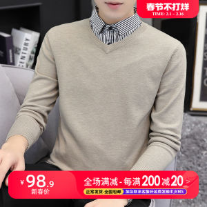 Fake Two Pieces Sweaters Mens Shirt Collar 2024 Fall and Winter New Arrival K-style Knitwear Trendy Sweater Lead Bottoming Sweater