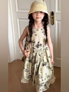 Sleeveless Floral Baby Girl Skirt Clothes Children Sleeveless Summer Dress Simple Casual Style All-match Fashion Kids Clothes Long Dresses for 4 5 6 7 8 9 10 11 12 years old