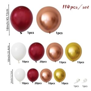 114Pcs DIY Wine Red Flower Garland Balloon Set 18/10/ 5inch Metallic Gold/Rose Gold/Wine Red/White Balloons Suitable for Birthday Parties Graduation Ceremonies Weddings Bridal Showers Anniversary Balloon Chains.