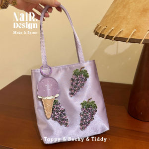 กระเป๋าผ้าซาตินปักลายองุ่นหรูหรา กระเป๋าใส่ของทำจากมือ กระเป๋าเดินทางแบบลำลอง กระเป๋าใส่ของแบบถือได้ กระเป๋าผ้าใบ