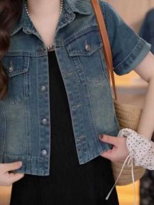 Export Export Original Order Female 2024 Summer Denim Short Sleeve Jacket Short Slimming Casual Retro Lapel Thin Tops