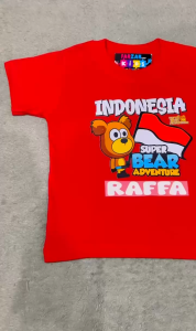 BAJU KAOS ANAK SUPER BEAR ADVENTURE TEMA KEMERDEKAAN INDONESIA FREE NAMA 2-10 THN