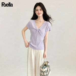 puella | Áo Thun Kẻ Dệt V-Neck Giảm Cân Phong Cách Pháp