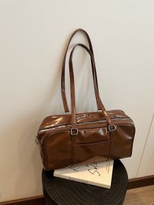 Glossy Fashionable Tote Bag Womens Underarm Bag Large Capacity Retro Briefcase Stylish Trendy Bag Soft Synthetic Leather