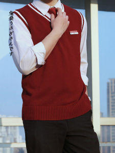 Knitted V-Neck Male Sweater Vest No-Sleeve Youthful Style DK Uniform Red Woolenwear for Teens Daily Use Four Seasons Suitable