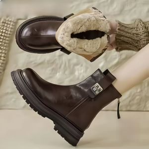 Giày Bốt Da Lông Cừu Dày Mùa Đông Cho Nữ Giày Bốt Martin Lót Lông Cừu Cổ Ngắn Phong Cách Anh Cổ Điển Giày Bốt Đế Dày