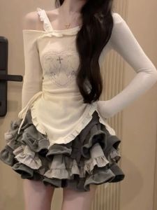 Sweet Spicy Long Sleeve T-shirt for Women Loose Fit Slim Style Fall Season Cartoon Animation Work Clothing Regular Collar