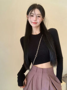 เสื้อชั้นในสตรีแขนยาวถักนิตติ้งนุ่ม ทรงเข้ารูป เสื้อชั้นในสไตล์สาวเปรี้ยว ฤดูใบไม้ร่วง 2025 สำหรับผู้หญิง คอกลม ปกติ