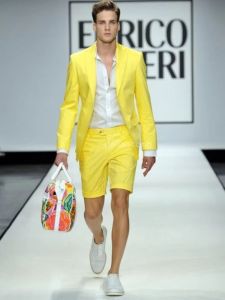 Smart Casual 2 Piece Slim Fit Yellow Mens Suit Peak Lapel Blazer & Short Pants Set Groom Wear for Party Prom Male Dress Outfit
