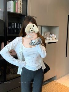 Korean Chic Long Sleeve Floral Print Jacket And Tube Top Set Womens Autumn Outfit Sweet Style Regular Length UV Protection