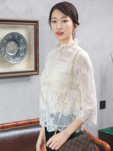 New Chinese Style Retro Silk Lace Ogeen Shirt Stand Collar Short Top Single Button Straight Pure Color High End Womens Fashion