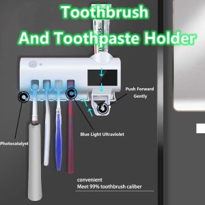 White Wall Mounted Toothbrush Toothpaste Organizer Bathroom Solar USB Charging No Need To Punch Holes Mount Toothbrush Holder