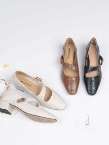 Seasonal Genuine Leather Beige Square Headed Mid-height Chunky Heeled Mary Jane Shoe