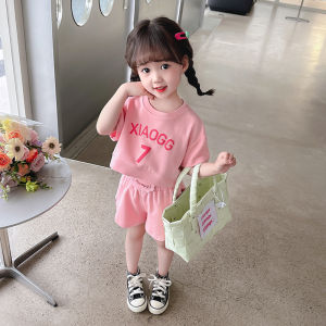 Cute Short Sleeve Outfit for Girls Summer Casual Sporty Baby Clothes Stylish 7-Word Childrens Clothing Set Thin Fabric