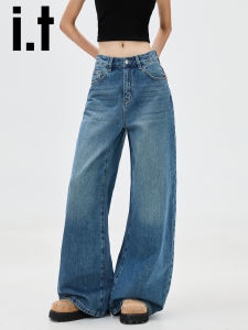 American Retro Straight Leg Jeans Womens Autumn Pear Loose Slim Wide Leg Floor-Length Pants Casual Style Multi-Pocket