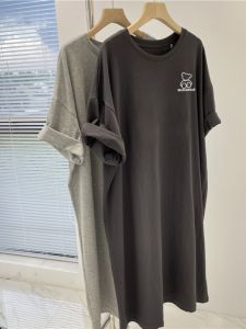 plus Size Womens Cotton T-Shirt Dress Summer Long over Knee Belly Covering Slimming Long Dress Comfortable Casual Korean Style