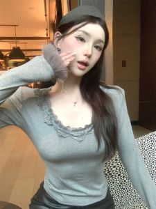 GUZILIAN | Pure Desire Lace Trim Square Collar Long Sleeve Womens Base Shirt High End Feeling Faux Fur Splicing Top Korean Style Slim Fit