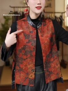 สองด้านสวมใส่วินเทจสไตล์จีน ปกตั้ง เสื้อกั๊ก หลวม เสื้อผ้าแม่แฟชั่นสั้นพิมพ์สีน้ํา โพลีเอสเตอร์