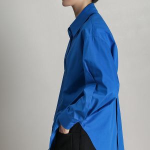 เสื้อเชิ้ตคอปกพับทรงตรงแขนยาวผ้าฝ้ายสีน้ำเงินคลายๆ สีขาว ทรงเข้ารูป ทรงเข้ารูป สำหรับใส่ทำงานในฤดูใบไม้ผลิ