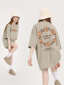 Loose Short Sleeve T-Shirt Womens Summer Coffee Color Half Sleeve Casual Street Style Cotton Creative Print round Neck Top