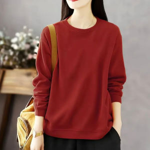 Womens Pure Cotton Sweatshirt Autumn Winter Loose Fit Long Sleeve Casual Style plus Size Slimming Trendy Solid Color Top