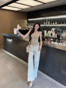 Bộ Quần Áo Co Dãn Thun Knit Áo Thun Dài Tay Quần Tây Lửng Eo Cao