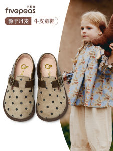 Five Peas Kids Leather Shoes Spring Autumn Soft Bottom Polka Dot Retro Birkenshoes Cowhide Girls Princess Shoes round Toe