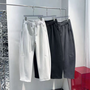 กางเกงลำลองชายผ้าขนแกะหนาทรงหลวมทรงเอวกลางฤดูใบไม้ร่วง/ฤดูหนาว กางเกงขายาวทรงหลวมสไตล์คู่รักแฟชั่น กางเกงขายาวทรงเอวกลาง