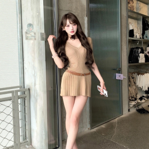 VKSOD | Slimming A-Line Short Knitted Dress V-Neck Belted Summer Fashion Womens Clothing VKSOd Brand DSD230C-6554 25-35 Years Old