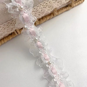 1 Yard Vintage Flower Pearl Beads Lace Trimming Embroidered Ribbon Fabric Sewing Craft For Wedding Gown Bridal Veil Edging Decor
