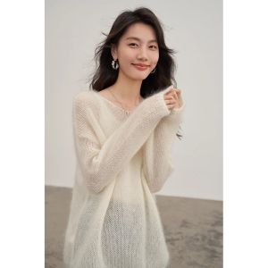 สไตล์เกาหลี หลวม เสื้อสเวตเตอร์ถัก ผู้หญิง แคชเมียร์ เสื้อสวม เสื้อท่อนบน คุณภาพระดับพรีเมียม ฤดูใบไม้ผลิ 2024 แฟชั่น โพลีเอสเตอร์ ไฟเบอร์