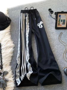 Black Lace Trim Sports Womens Spring Autumn American Design Casual Wide Leg Butterfly Knot Pants High Waist Polyester Fiber