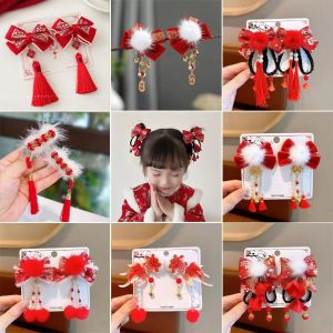 Childrens Antique Style CNY Festival Hair Clips Ribbon Bow Hair Dresses 女童新年发饰 女童古风蝴蝶结头饰 中国风红色过年喜庆发夹