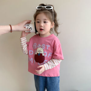 Pure Cotton Cartoon T-Shirt for Girls Spring Autumn Base Layer Shirt Childrens Fashion Design Sense Fake Two-Piece Suit