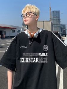 American Retro Striped Sport Short Sleeve T-Shirt Mens Loose Motorcycle Style Student Couple Half Sleeve Trendy Top