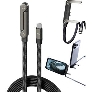 Sideways Phone Charger Cable  2-in-1 Invisible Holder Charger Cable 240w Fast Charging Cord with Builtin Phone Stand for Smartphones Tablets