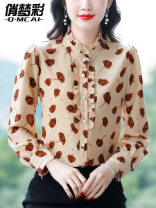 เสื้อเชิ้ตผ้าชีฟองแขนยาวผู้หญิง แฟชั่นฤดูใบไม้ร่วง 2025 ใหม่ ลดอายุ ลายพิมพ์ คอกลม ทรงหลวม ผ้าฝ้ายผสม